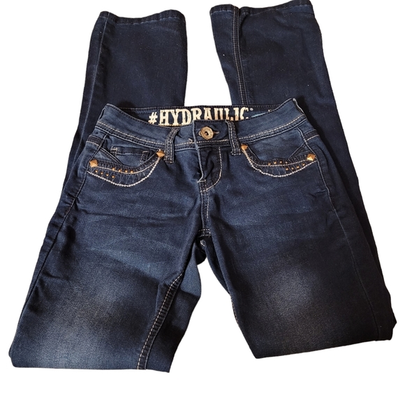 Hydraulic Jeans Hydraulic Bailey Low Rise Blue Jeans Stitched Studded Pockets Back Flap Logo